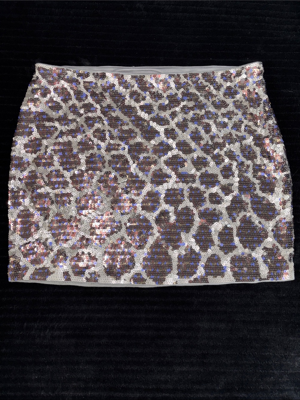 Express Sz S/P Lined Sequin Leopard Mini Skirt - Silver,Brown, Blue Iridescent